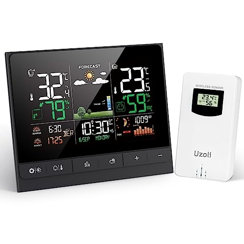 Uzoli Wetterstation funk mit Außensensor, Farbdisplay, innen außen Thermometer Hygrometer, Wettervorhersage, Luftdruck, Sonnenaufgangszeit, Gezeiten, Mondphase, Komfortstufe, Schimmelrisiko - EM3403 Uzoli Wetterstation funk mit Außensensor, Farbdisplay, innen außen Thermometer Hygrometer, Wettervorhersage, Luftdruck, Sonnenaufgangszeit, Gezeiten, Mondphase, Komfortstufe, Schimmelrisiko - EM3403 von Uzoli