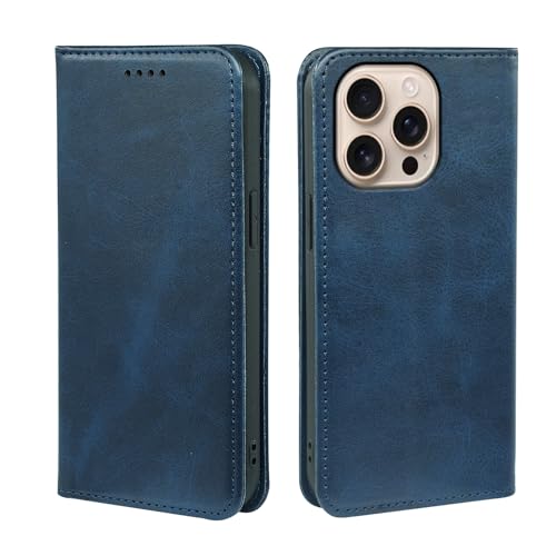 V-MOTA Leder Wallet Case für iPhone, Flip Cover mit 3 Kartenfächern, Standfunktion (Blau, iPhone 16 Pro Max) von V-MOTA