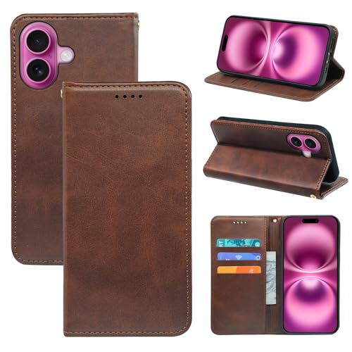 V-MOTA Leder Wallet Case für iPhone, Flip Cover mit 3 Kartenfächern, Standfunktion (Braun, iPhone 16) von V-MOTA