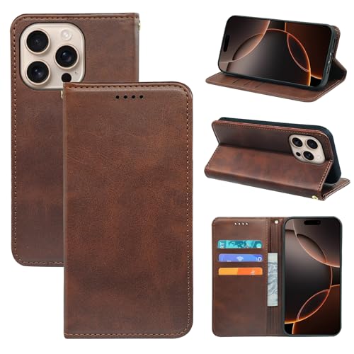 V-MOTA Leder Wallet Case für iPhone, Flip Cover mit 3 Kartenfächern, Standfunktion (Braun, iPhone 16 Pro Max) von V-MOTA