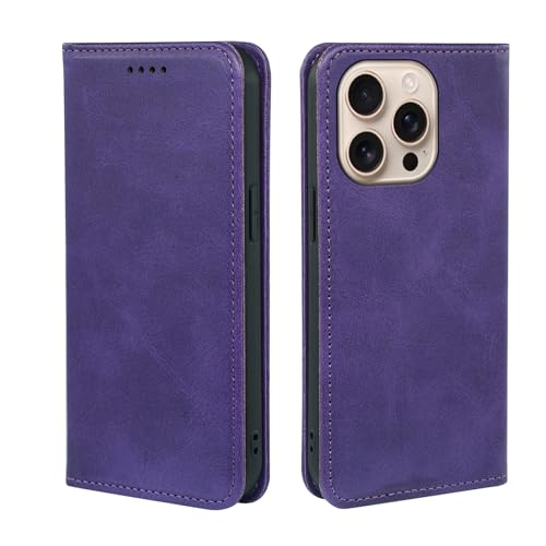V-MOTA Leder Wallet Case für iPhone, Flip Cover mit 3 Kartenfächern, Standfunktion (Lila, iPhone 16 Pro Max) von V-MOTA