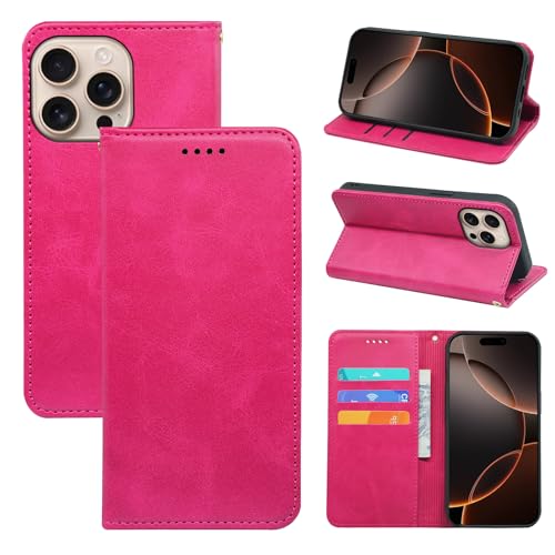 V-MOTA Leder Wallet Case für iPhone, Flip Cover mit 3 Kartenfächern, Standfunktion (Rose Red, iPhone 16 Pro Max) von V-MOTA