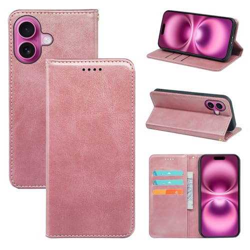 V-MOTA Leder Wallet Case für iPhone, Flip Cover mit 3 Kartenfächern, Standfunktion (Roségold, iPhone 16 Pro) von V-MOTA