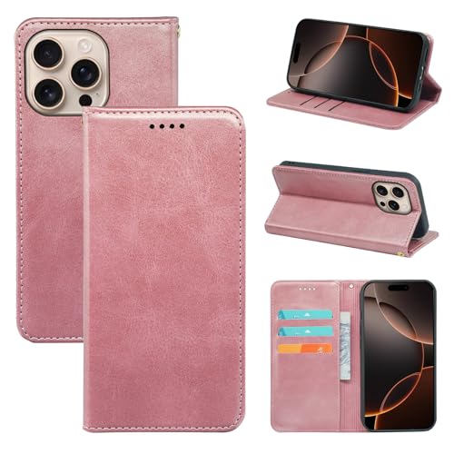 V-MOTA Leder Wallet Case für iPhone, Flip Cover mit 3 Kartenfächern, Standfunktion (Roségold, iPhone 16 Pro Max) von V-MOTA