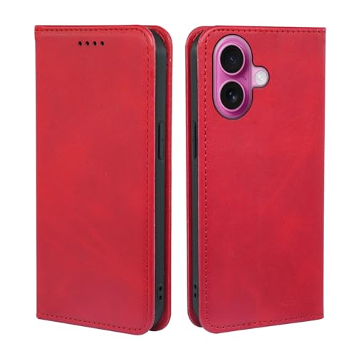 V-MOTA Leder Wallet Case für iPhone, Flip Cover mit 3 Kartenfächern, Standfunktion (Rot, iPhone 16 Plus) von V-MOTA