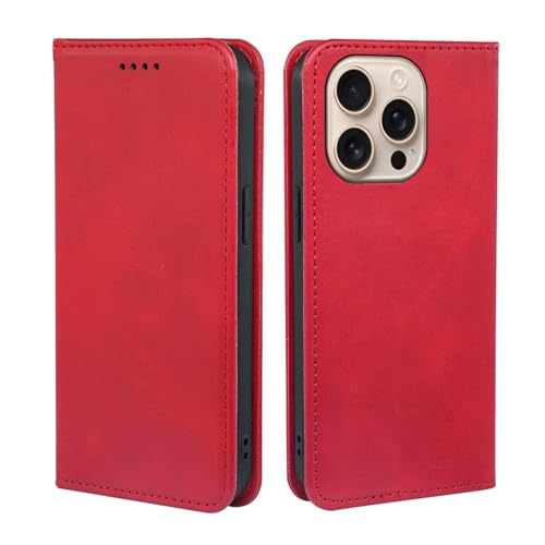 V-MOTA Leder Wallet Case für iPhone, Flip Cover mit 3 Kartenfächern, Standfunktion (Rot, iPhone 16 Pro) von V-MOTA