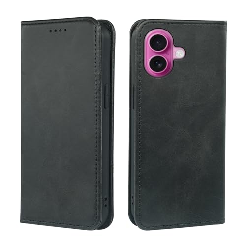 V-MOTA Leder Wallet Case für iPhone, Flip Cover mit 3 Kartenfächern, Standfunktion (Schwarz, iPhone 16 Plus) von V-MOTA