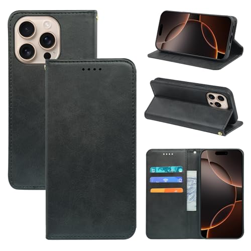 V-MOTA Leder Wallet Case für iPhone, Flip Cover mit 3 Kartenfächern, Standfunktion (Schwarz, iPhone 16 Pro Max) von V-MOTA