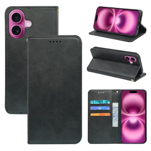 V-MOTA Leder Wallet Case für iPhone, Flip Cover mit 3 Kartenfächern, Standfunktion (Schwarz, iPhone 16e) von V-MOTA