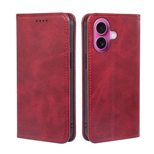 V-MOTA Leder Wallet Case für iPhone, Flip Cover mit 3 Kartenfächern, Standfunktion (Weinrot, iPhone 16 Plus) von V-MOTA