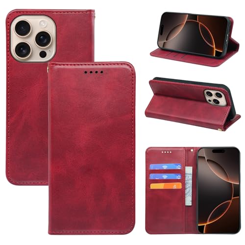 V-MOTA Leder Wallet Case für iPhone, Flip Cover mit 3 Kartenfächern, Standfunktion (Weinrot, iPhone 16 Pro Max) von V-MOTA