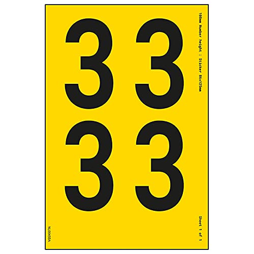 Ein Nummernblatt – 3 – 13 mm Höhe – 300 x 200 mm – gelbes selbstklebendes Vinyl von V Safety