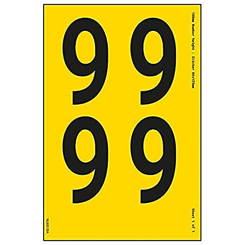Ein Nummernblatt – 9 – 108 mm Höhe – 300 x 200 mm – gelbes selbstklebendes Vinyl von V Safety