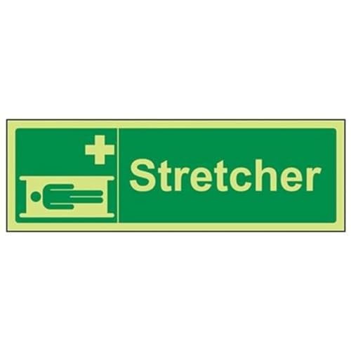 VSafety 31017AX-G "Stretcher" Erste-Hilfe-Allgemeinschild, leuchtet im Dunkeln, 1 mm Kunststoff, Querformat, 300 mm x 100 mm, grün von V Safety