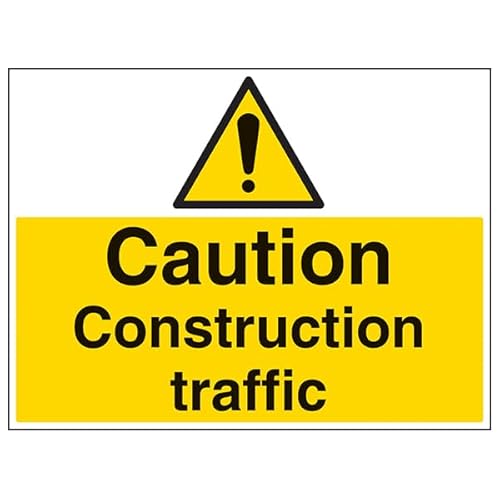 VSafety Caution, Construction Traffic – 800 x 600 mm, Klasse RA1, reflektierend, 3 mm Aluminiumverbundstoff mit Befestigungskanal-Sicherheitsschild von VSafety