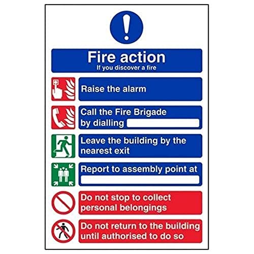 VSafety General Fire Action Schild mit 6 Nachrichten, Hochformat, 210 mm x 297 mm (A4), selbstklebendes Vinyl von VSafety