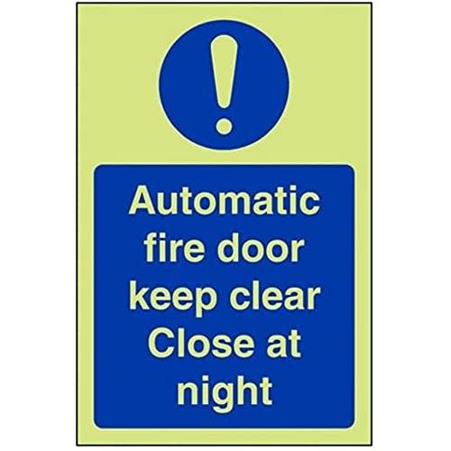 VSafety Glow In The Dark Automatisches Schild für Feuertür „Keep Clear Close At Night“, Hochformat, 150 mm x 200 mm, selbstklebendes Vinyl von V Safety