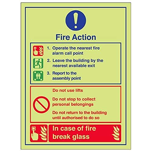 VSafety Glow In The Dark Fire Action/Proceed To Assembly Point Break Glasschild – 150 mm x 200 mm – selbstklebendes Vinyl von V Safety