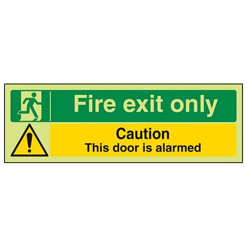VSafety Glow In The Dark Fire Exit Only/Door Alarmed Schild – 600 mm x 200 mm – selbstklebendes Vinyl von V Safety