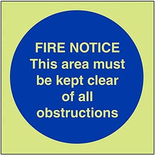 VSafety Glow In The Dark Fire Notice This Area must be Kept Clear Of All Obstructions Schild – 100 mm x 100 mm – selbstklebendes Vinyl von V Safety