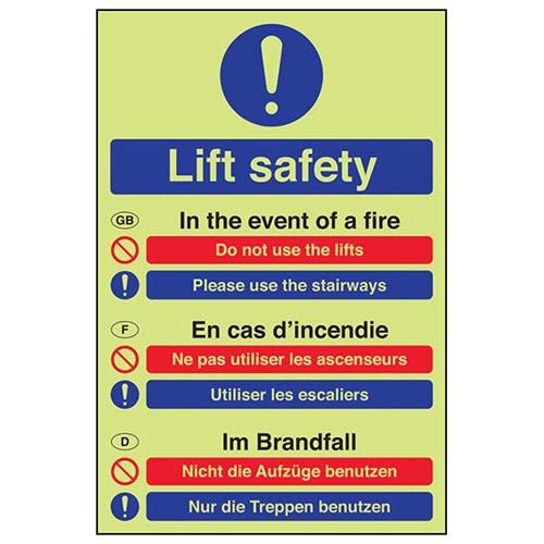 VSafety Glow In The Dark Mehrsprachiges Sicherheits-Schild mit Feuerwehr – 200 mm x 300 mm – selbstklebendes Vinyl von V Safety