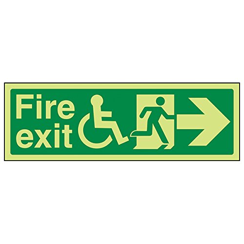 VSafety Glow In The Dark Wheel Chair Fire Exit With Text Arrow Right Sign - 300 mm x 100 mm - Robuster Kunststoff von V Safety