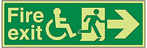 VSafety Glow In The Dark Wheel Chair Fire Exit With Text Arrow Right Sign - 450mm x 150mm - Robuster Kunststoff von V Safety