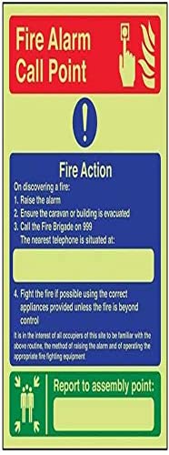 VSafety Glow in the Dark Caravan site Fire Action/Your Assembly Point Is Schild, 200 mm x 300 mm, selbstklebendes Vinyl von VSafety