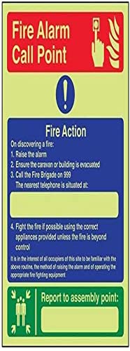 VSafety Glow in the Dark Caravan site Fire Action/Your Assembly Point Is Schild, 200 mm x 300 mm, selbstklebendes Vinyl von V Safety