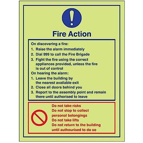 VSafety Glow in the Dark Fire Action/On Discovering A Fire Sign – 200 mm x 300 mm – selbstklebendes Vinyl von V Safety
