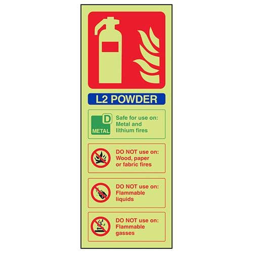 VSafety Glow in the Dark L2 Powder ID Fire Extinguisher Schild – 100 mm x 280 mm – selbstklebendes Vinyl von V Safety