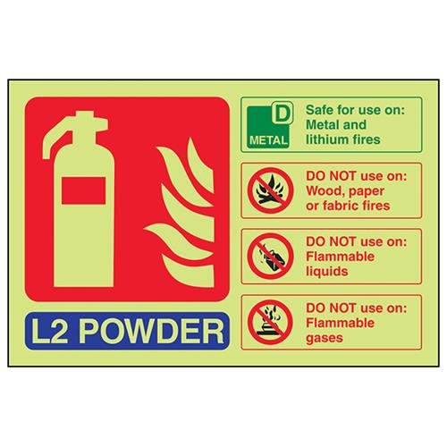 VSafety Glow in the Dark L2 Powder ID Fire Extinguisher Schild – 150 mm x 100 mm – selbstklebendes Vinyl von V Safety