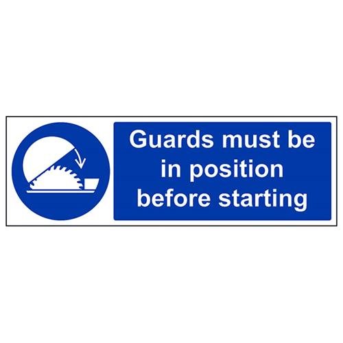 VSafety Schild "Guards Must Be In Position Before Position", Querformat, 450 x 150 mm, 1 mm Hartkunststoff von V Safety
