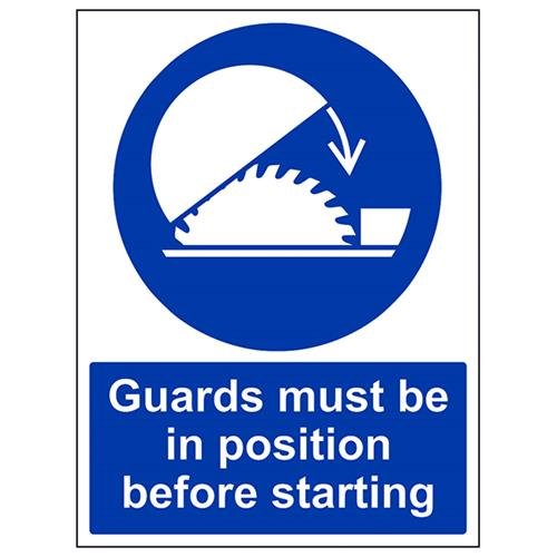 VSafety Schild mit Aufschrift "Guard Must Be In Position Before Starting", Hochformat, 300 x 400 mm, 1 mm starrer Kunststoff von V Safety