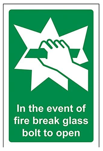 VSafety Schild mit Aufschrift "In Case Of Fire Break Glass Bolt To Open", Hochformat, 100 x 150 mm, 1 mm Hartplastik von V Safety