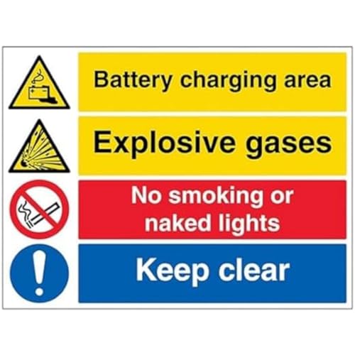 VSafety Sicherheitsschild mit Aufschrift "Battery Charging/Explosive/No Smoking/Keep Clear", 800 x 600 mm, 3 mm, Aluminium-Verbundwerkstoff von VSafety