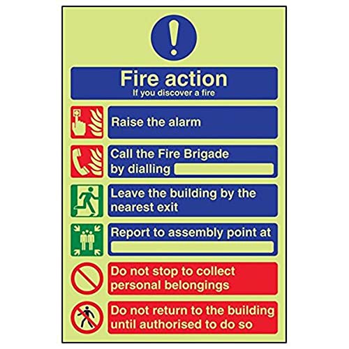 VSafety Signs – 12028AN-G – Brand-Action-Schild – leuchtet im Dunkeln 1 mm Kunststoff – mehrsprachige Fire Action/If You Discover A Fire – 150 x 200 mm – 3 Stück von V Safety