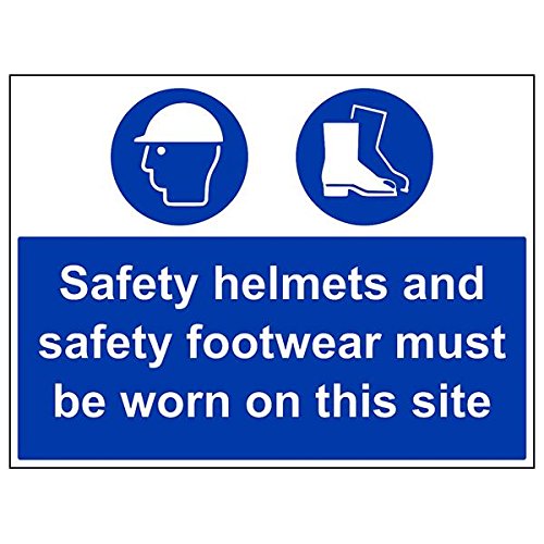 VSafety Signs – 41016BR-R – Pflichtschild PSA, fester Kunststoff, Sicherheitshelme und Schuhe müssen auf dieser Website getragen werden, 600 x 450 mm, 3 Stück von V Safety