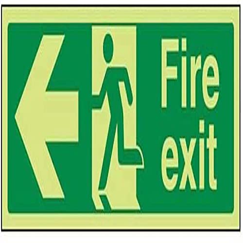 VSafety Warnschild mit englischer Aufschrift „Fire Exit“ und Pfeil nach links, leuchtet im Dunkeln, 450 mm x 150 mm, selbstklebendes Vinyl von V Safety