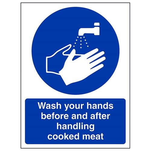 VSafety Wash Your Hands Before And After Handling Cooked Meat Schild, Hochformat, 150 x 200 mm, 1 mm starrer Kunststoff von V Safety