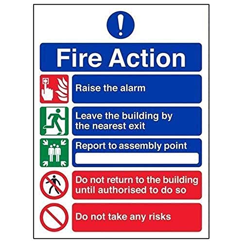 VSafety englisches Schild „Fire Action“, Allgemeine Brandbekämpfung / 5 Nachrichtenrisiken, Hochformat, 150 x 200 mm, 2 mm starrer Kunststoff von V Safety