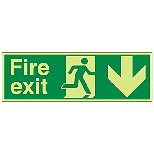 VSafety englisches Warnschild „Fire Exit“, 600 x 200 mm, fester Kunststoff, leuchtet in der Dunkelheit, Pfeil runter von V Safety