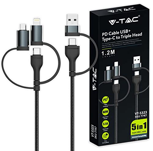 V-TAC 5 in 1 USB Type-C auf UBA-A, Lightning-Kabel, Micro-USB – 1 Meter – Mehrfachadapterkabel für schnelles Laden und Datenübertragung – kompatibel mit iPhone und Samsung von V-TAC