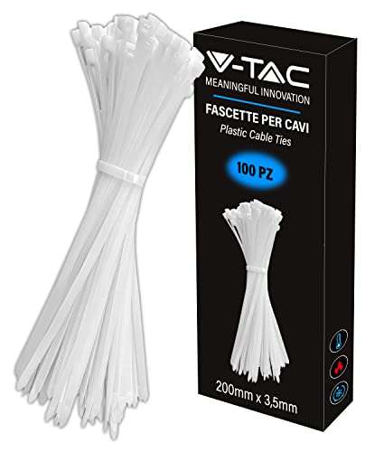 V-TAC Kabelbinder aus Kunststoff, Maße 2,5 mm x 200 mm, Packung 100 Stück - Kabelbinder für Mehrzweck, Kabelbinder für Elektriker, Mechaniker, Gartenarbeit - Weiß von V-TAC