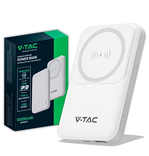 V-TAC Magnetische Powerbank kompatibel mit MagSafe – 10000 mAh – Schnellladung PD 20 W – externer Akku für Apple iPhone 12/13/14/15 / Mini/Pro/Max – Weiß von V-TAC