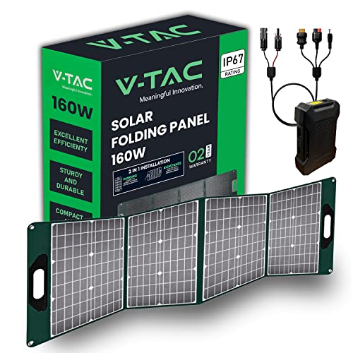 V-TAC Photovoltaik-Solarpanel, tragbar, faltbar, universal, 160 W, einkristallin, Ladestation – MC4-Kabel und XT60-Anschluss + DC – USB-A und Type-C – wasserdicht IP67 von V-TAC