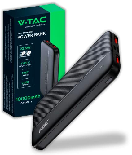 V-TAC Power Bank 10.000 mAh mit Schnellladung PD 22,5 W - PowerBank externer Akku dünn mit USB Type-C-Anschluss und 2 USB-A-Anschlüssen - kompatibel mit iPhone, iPad, Samsung, iPad, Xiaomi - Schwarz V-TAC Power Bank 10.000 mAh mit Schnellladung PD 22,5 W - PowerBank externer Akku dünn mit USB Type-C-Anschluss und 2 USB-A-Anschlüssen - kompatibel mit iPhone, iPad, Samsung, iPad, Xiaomi - Schwarz von V-TAC