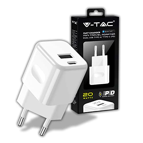 V-TAC Schnellladegerät 20 W USB-C für iPhone Samsung - Mini Ultra Schnelles Ladegerät für Smartphone - Dual USB Typ C und USB A für iPhone 11/12 / 13/14 / PRO/MAX und S21 / S22 von V-TAC