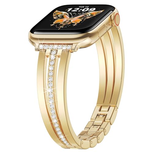 V.R.HOPE Damen schlank Metall Ersatzarmband Kompatibel mit Apple Watch Armband 38mm 40mm 41mm 42mm, Glitzernde Kristallpartikel Dekoration, für iWatch Series 10 9 8 7 SE 6 5 4 3 2 1 - Gold V.R.HOPE Damen schlank Metall Ersatzarmband Kompatibel mit Apple Watch Armband 38mm 40mm 41mm 42mm, Glitzernde Kristallpartikel Dekoration, für iWatch Series 10 9 8 7 SE 6 5 4 3 2 1 - Gold von V.R.HOPE
