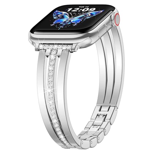V.R.HOPE Damen schlank Metall Ersatzarmband Kompatibel mit Apple Watch Armband 38mm 40mm 41mm 42mm, Glitzernde Kristallpartikel Dekoration, für iWatch Series 10 9 8 7 SE 6 5 4 3 2 1 - Silber V.R.HOPE Damen schlank Metall Ersatzarmband Kompatibel mit Apple Watch Armband 38mm 40mm 41mm 42mm, Glitzernde Kristallpartikel Dekoration, für iWatch Series 10 9 8 7 SE 6 5 4 3 2 1 - Silber von V.R.HOPE
